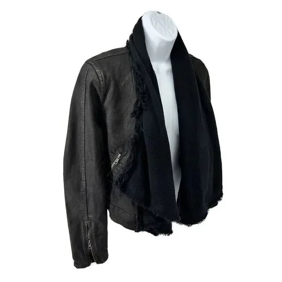 Free People Black Moto Jacket Coat Size 2 Front Drape Coated Denim Jean